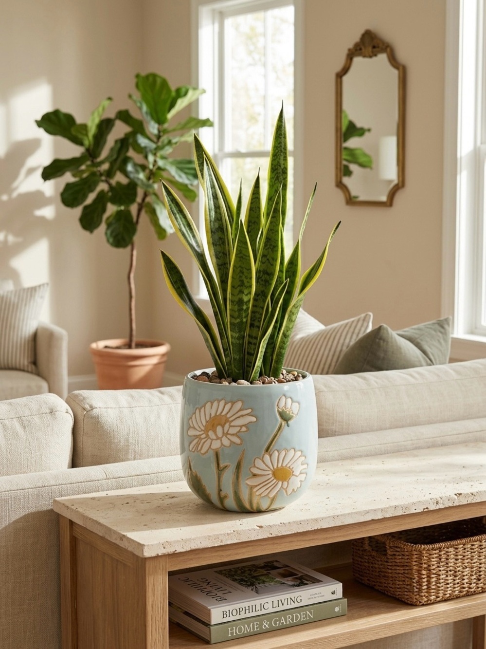 Handmade Ceramic Daisy Planter with Drainage Hole, Cute Light Blue flower pot